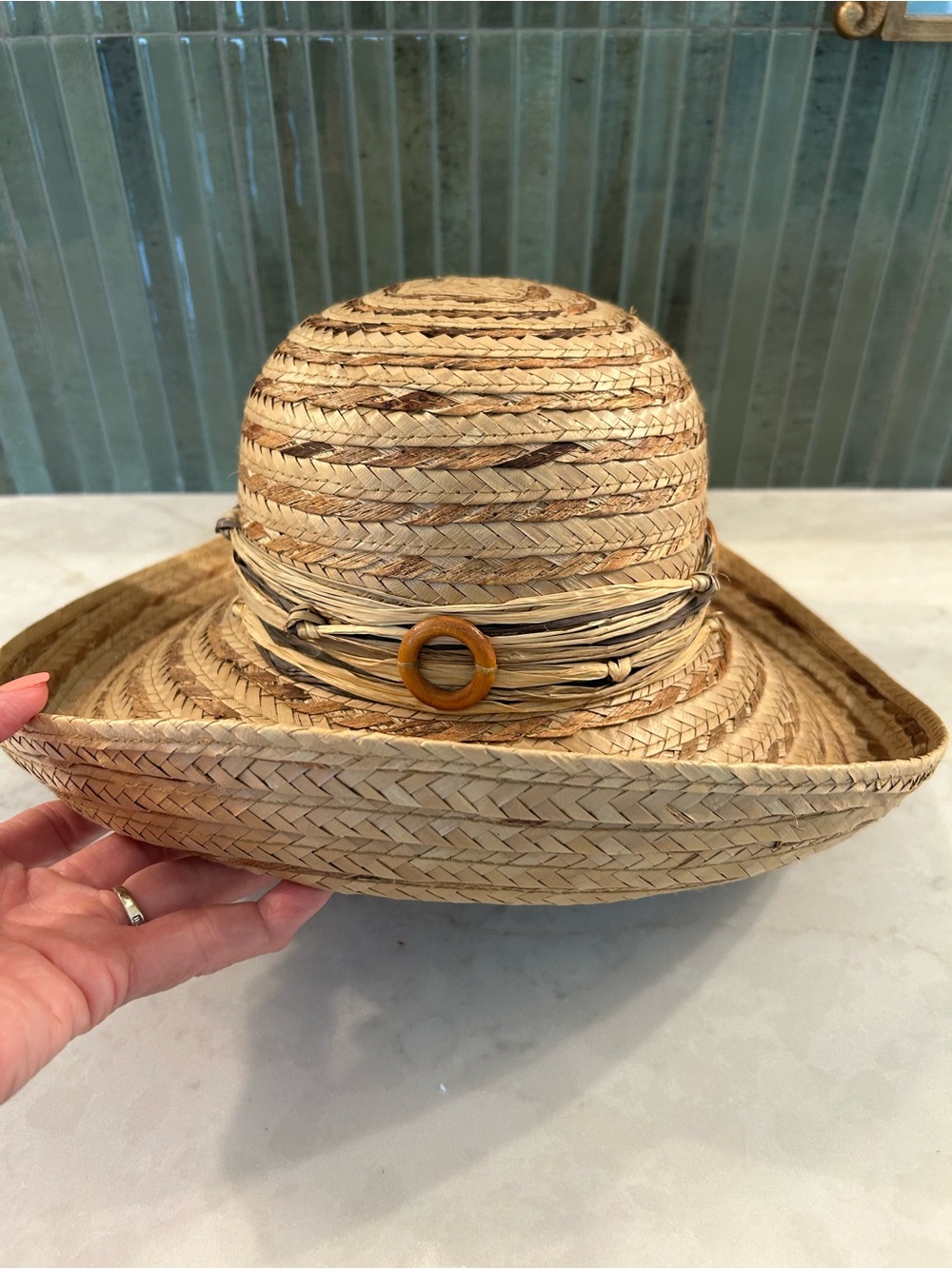 Scala Natural Straw Sun Hat with Tan Rings and fringe Accent OS